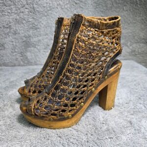 Sbicca Artisan Woven Leather Wood Platform Booties Brown Distressed Sandals 7
